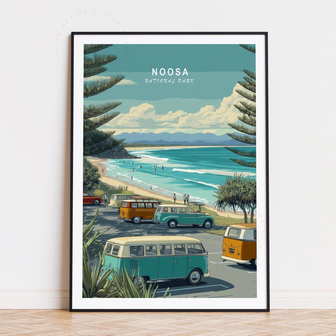 Noosa National Park Retro Surf Van Beach Scene Travel Art Poster