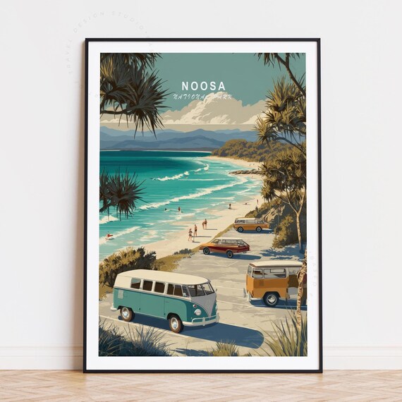 Noosa Australia National Park Beach Camper Vans Retro Travel Poster