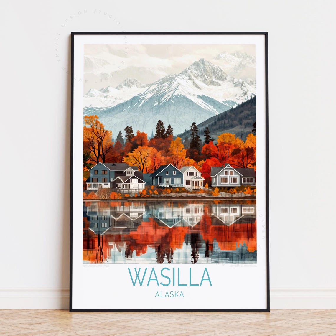 Wasilla Alaska Blue Lakeside Cabins in Autumn with Snowy Peak Poster