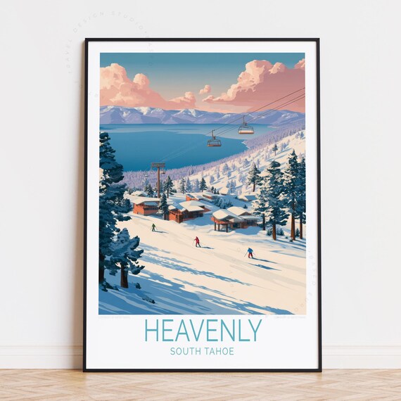 Heavenly South Tahoe Ski Resort Slopes Gondola Vintage Travel Poster