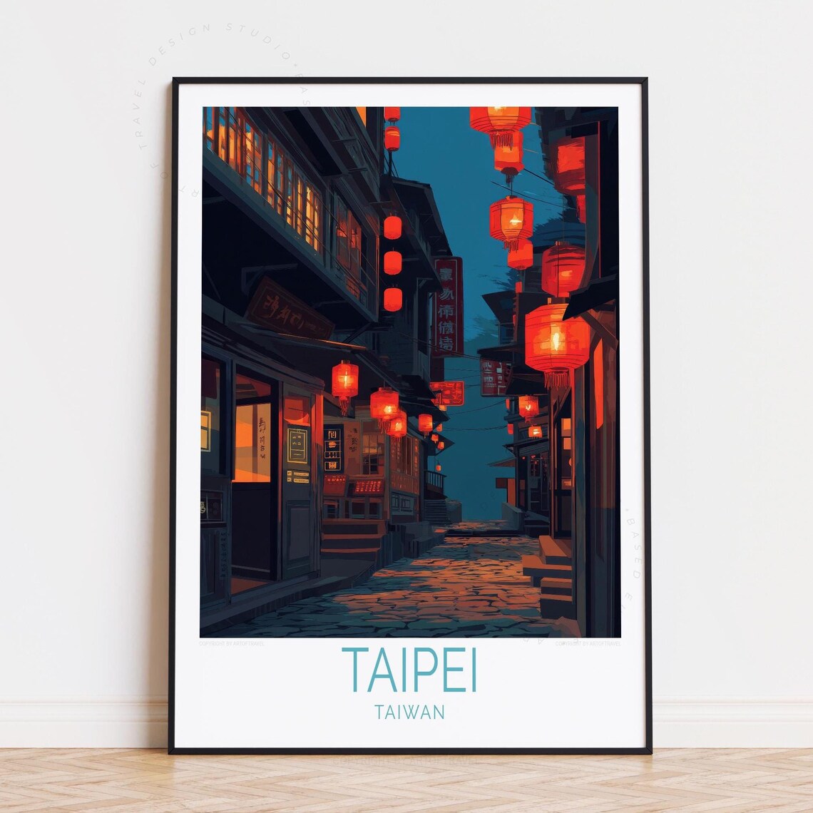 Taipei Taiwan Cobblestone Lantern Alley Night Scene Travel Poster
