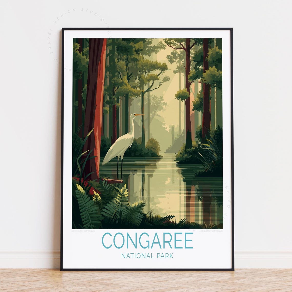 Congaree National Park Egret Forest Stream Reflection Travel Poster