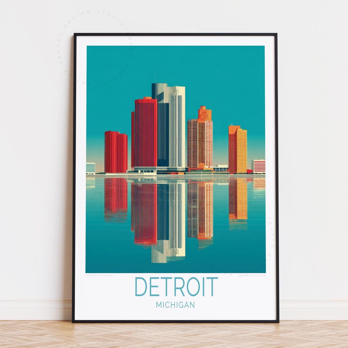 Detroit Michigan Riverfront Skyline Evening Reflection Travel Poster
