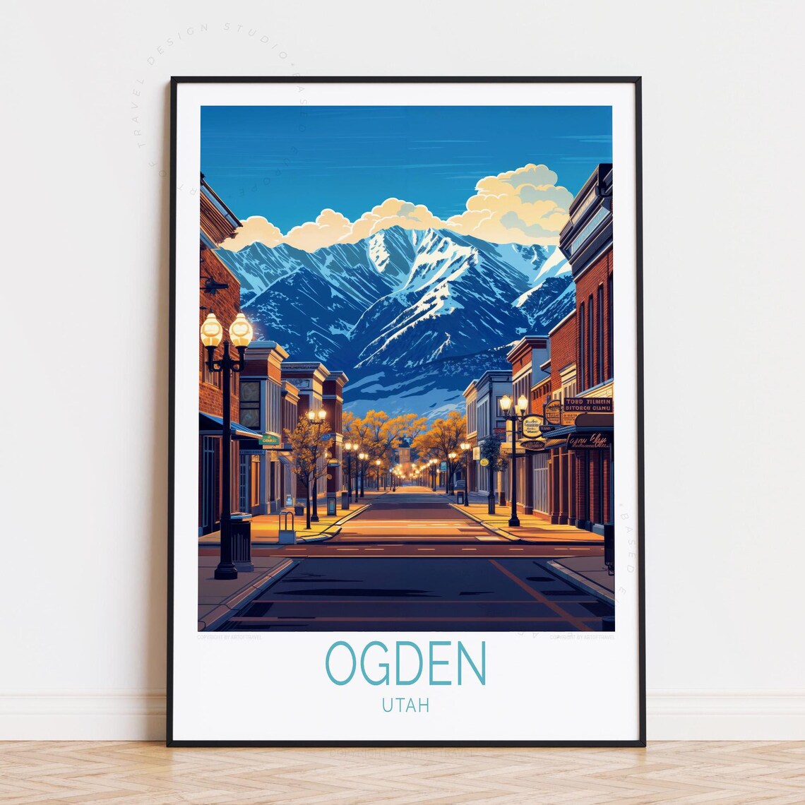 Ogden Utah Travel Poster With Historic Downtown Street And Snowy Peaks