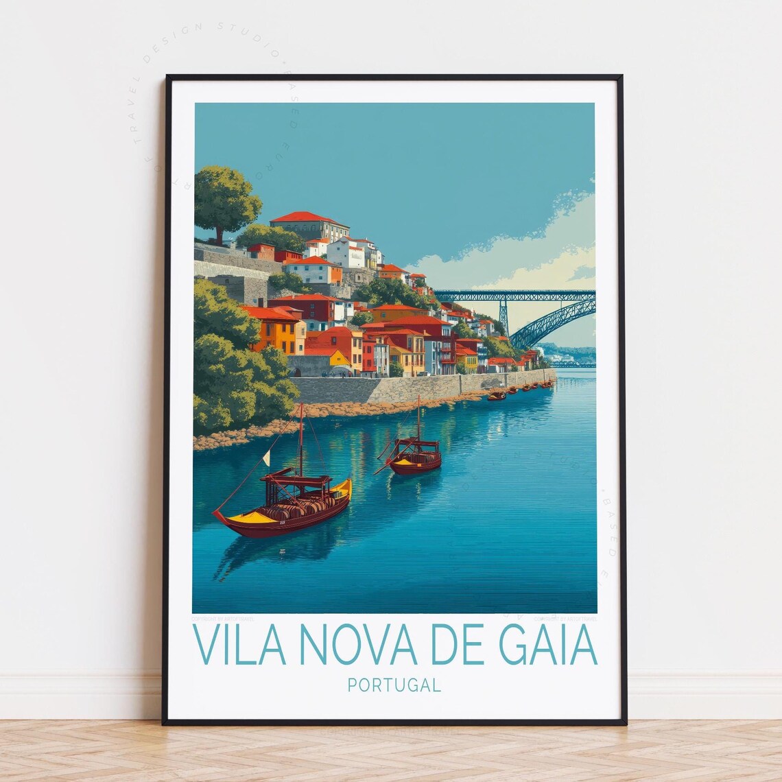 Vila Nova de Gaia Portugal Douro River Wine Boats Bridge Travel Poster
