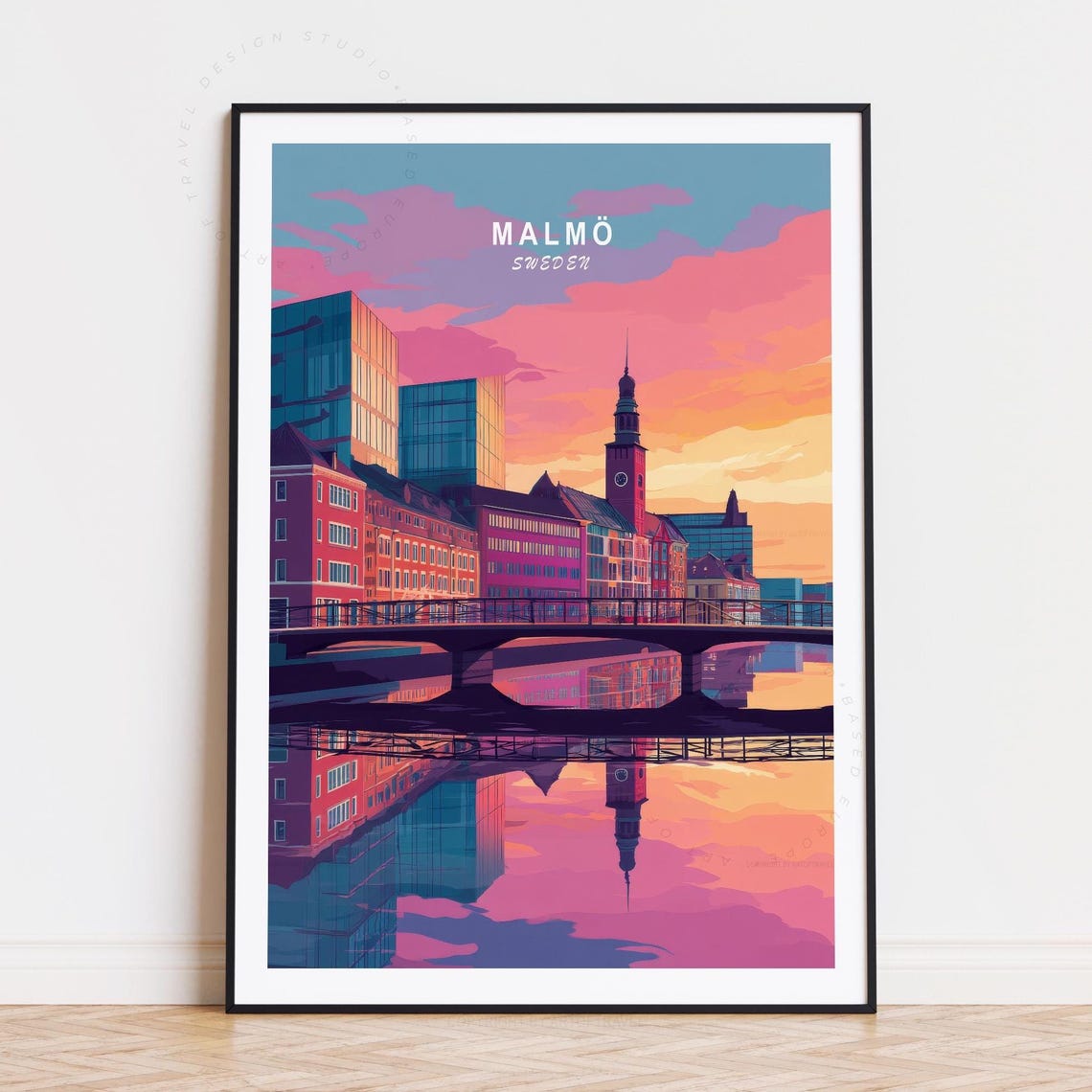 Malmo Sweden Sunset Skyline Canal Bridge Reflection Travel Poster