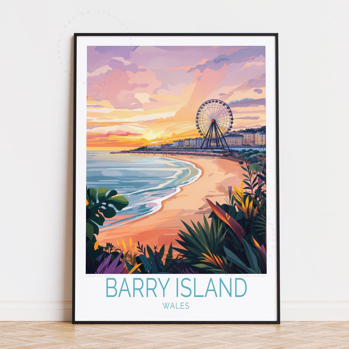 Barry Island Wales Sunset Beach Ferris Wheel Seaside Travel Poster