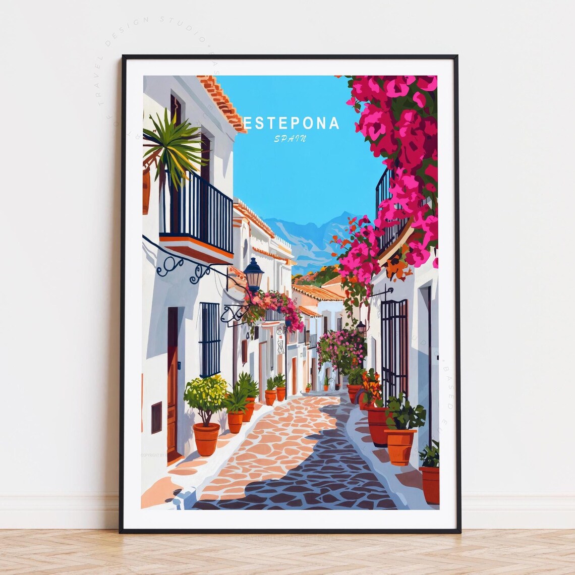 Estepona Spain Bougainvillea Lined Cobblestone Street Travel Poster