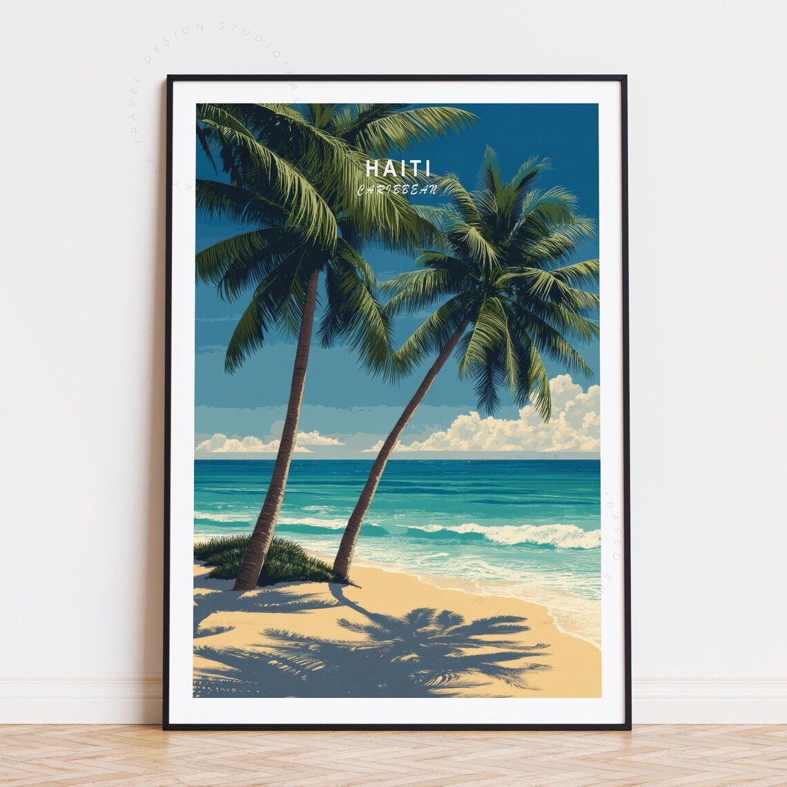 Haiti Caribbean Twin Palm Beach Retro Turquoise Travel Poster