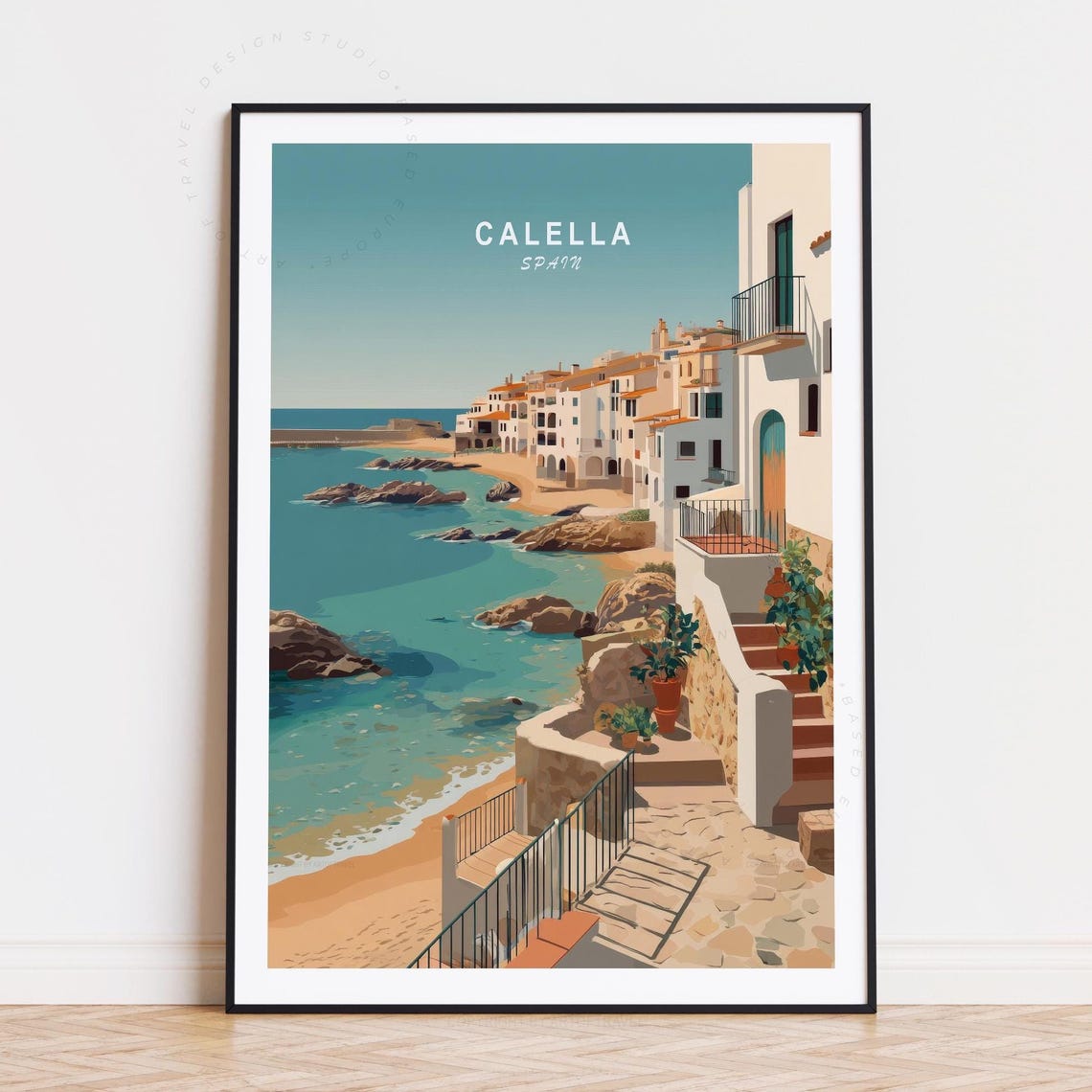 Calella Spain Whitewashed Coastal Town Turquoise Cove Travel Poster
