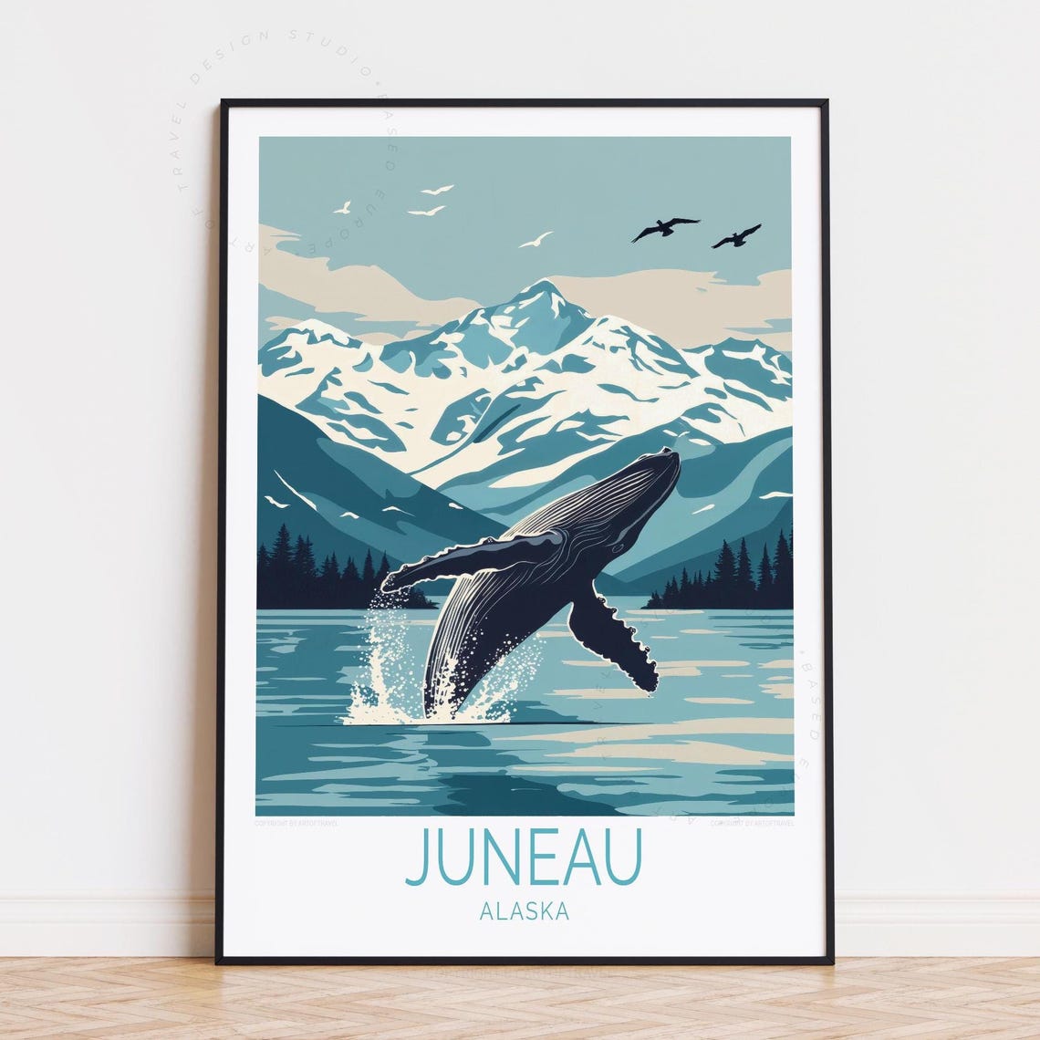 Juneau Alaska Breaching Whale Snowy Mountains Retro Travel Poster
