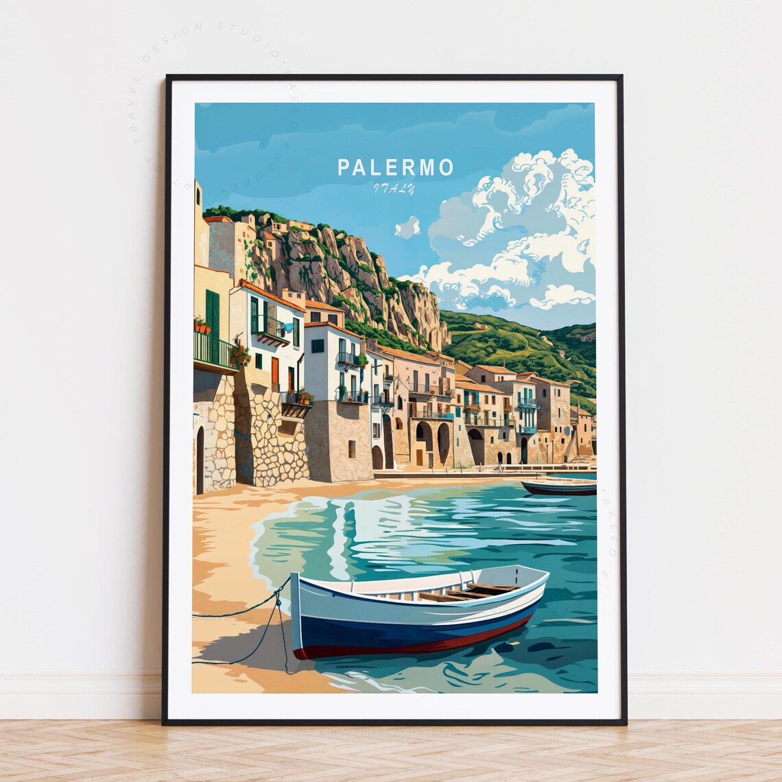 Palermo Italy Cliffside Old Town Boat Harbor Retro Travel Poster