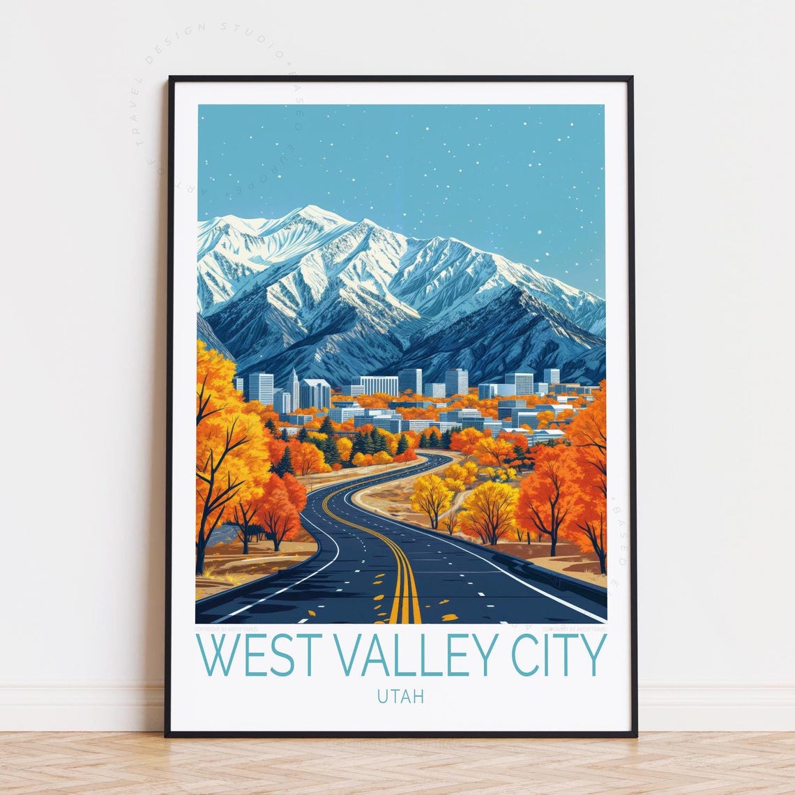 West Valley City Utah Fall Road to Snowcapped Peaks Travel Poster