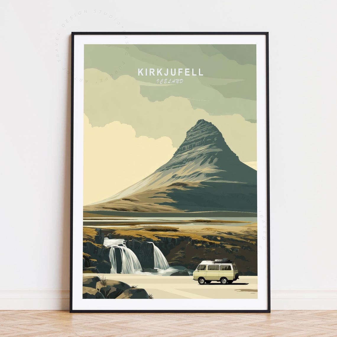 Kirkjufell Iceland Waterfalls With Van Beneath The Mountain Poster