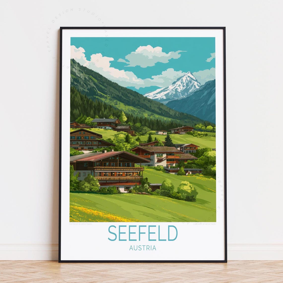 Seefeld Austria Green Valley Chalets Mountain View Travel Poster
