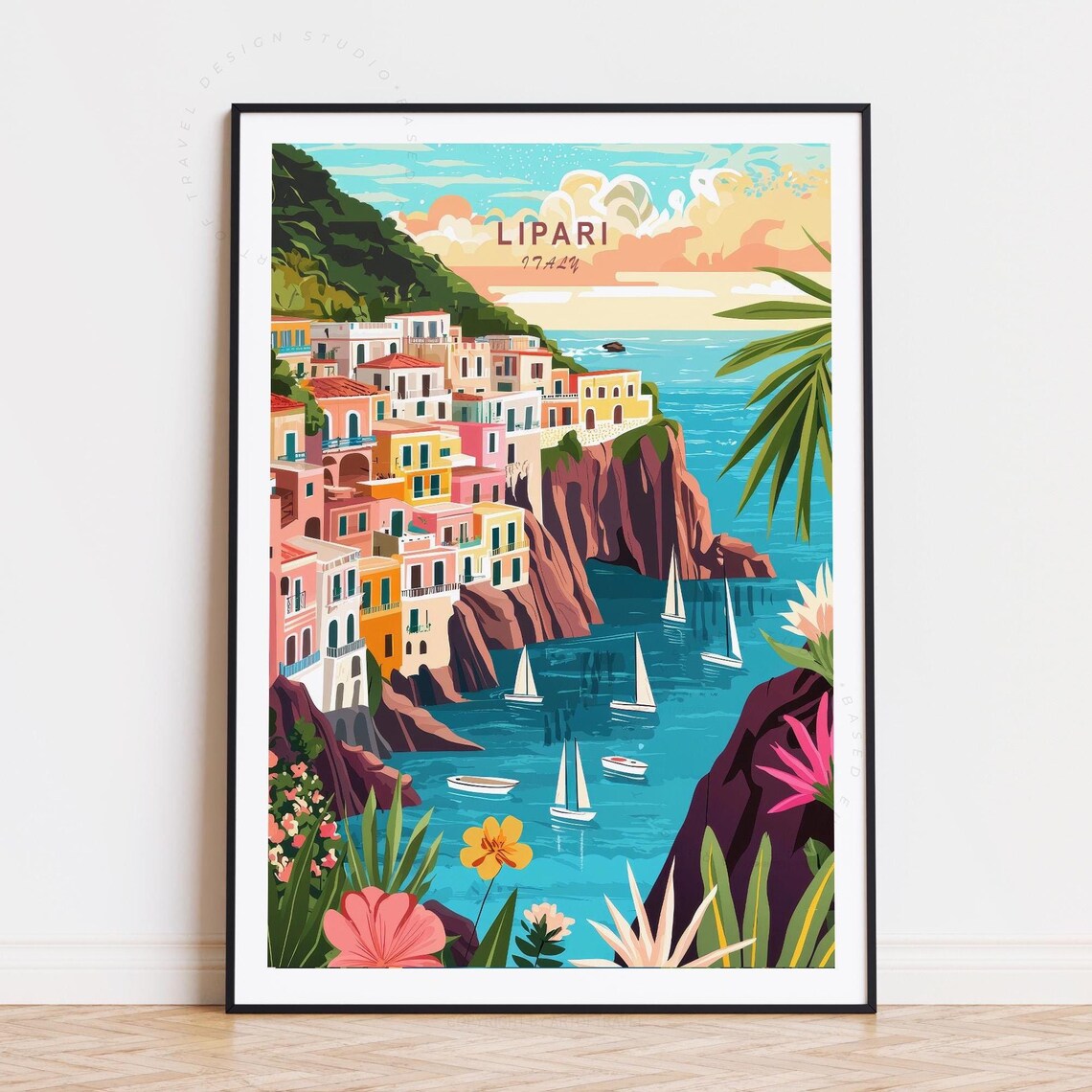 Lipari Italy Pastel Hillside Town Sailboats Coastal Travel Poster