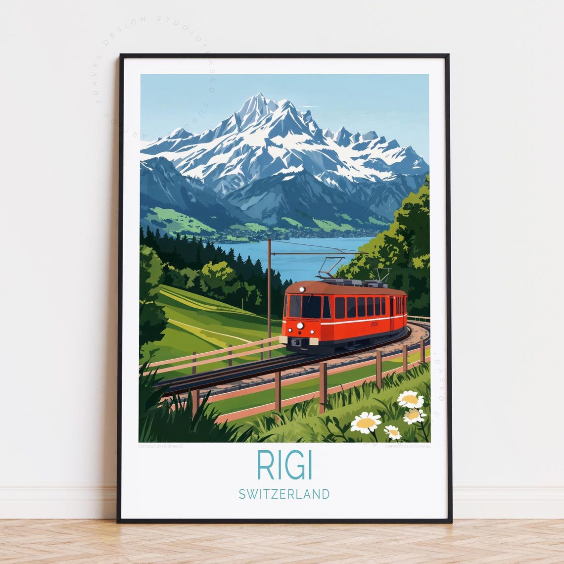 Rigi Switzerland Red Cogwheel Train Snow Peaks Lake Scene Poster