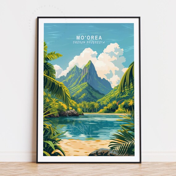 Moorea French Polynesia Lagoon Palm Peaks Tropical Travel Poster