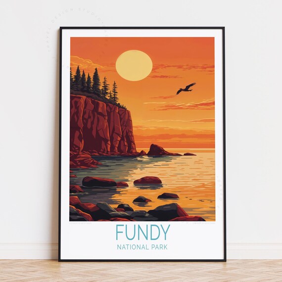 Fundy National Park Orange Sunset Over Rocky Coast Travel Poster