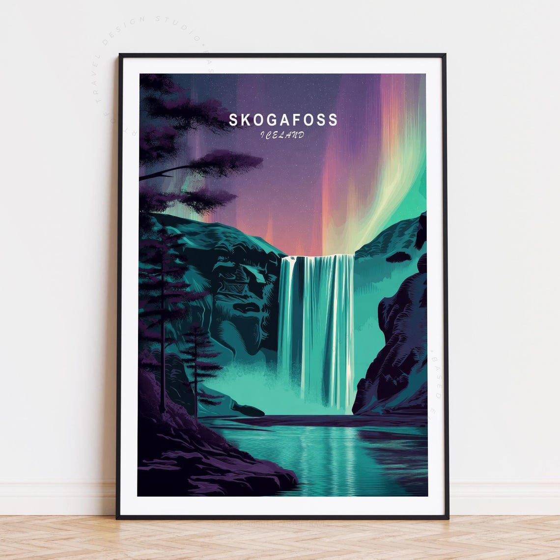 Skogafoss Iceland Waterfall Aurora Sky Landscape Scene Poster