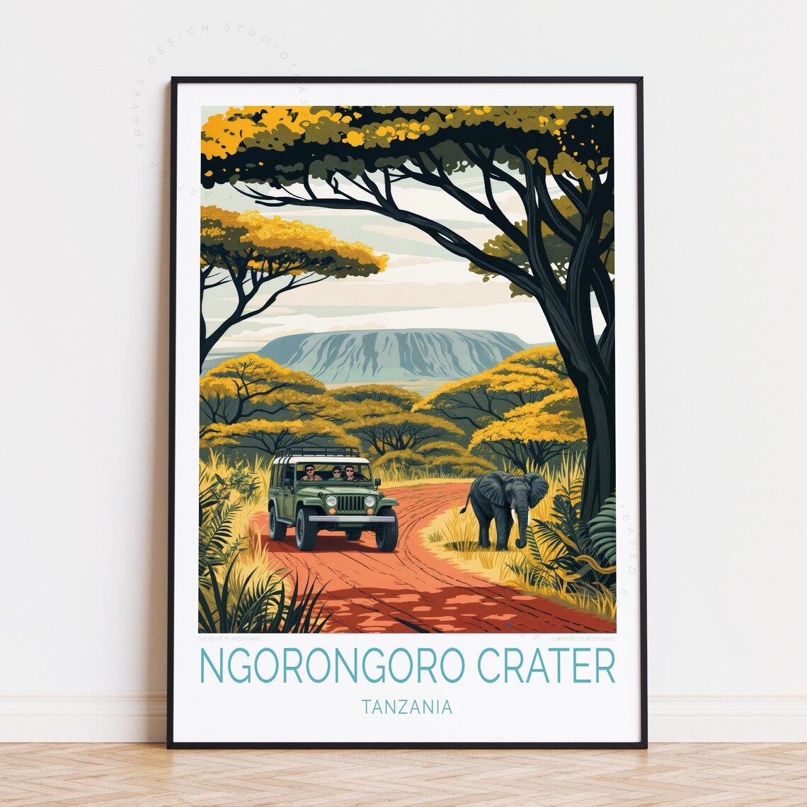 Ngorongoro Crater Tanzania Safari Jeep Elephant Vintage Travel Poster