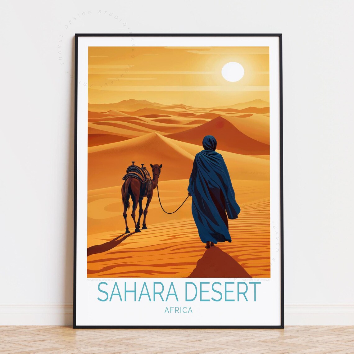 Sahara Desert Camel Caravan Golden Sunset Africa Travel Poster