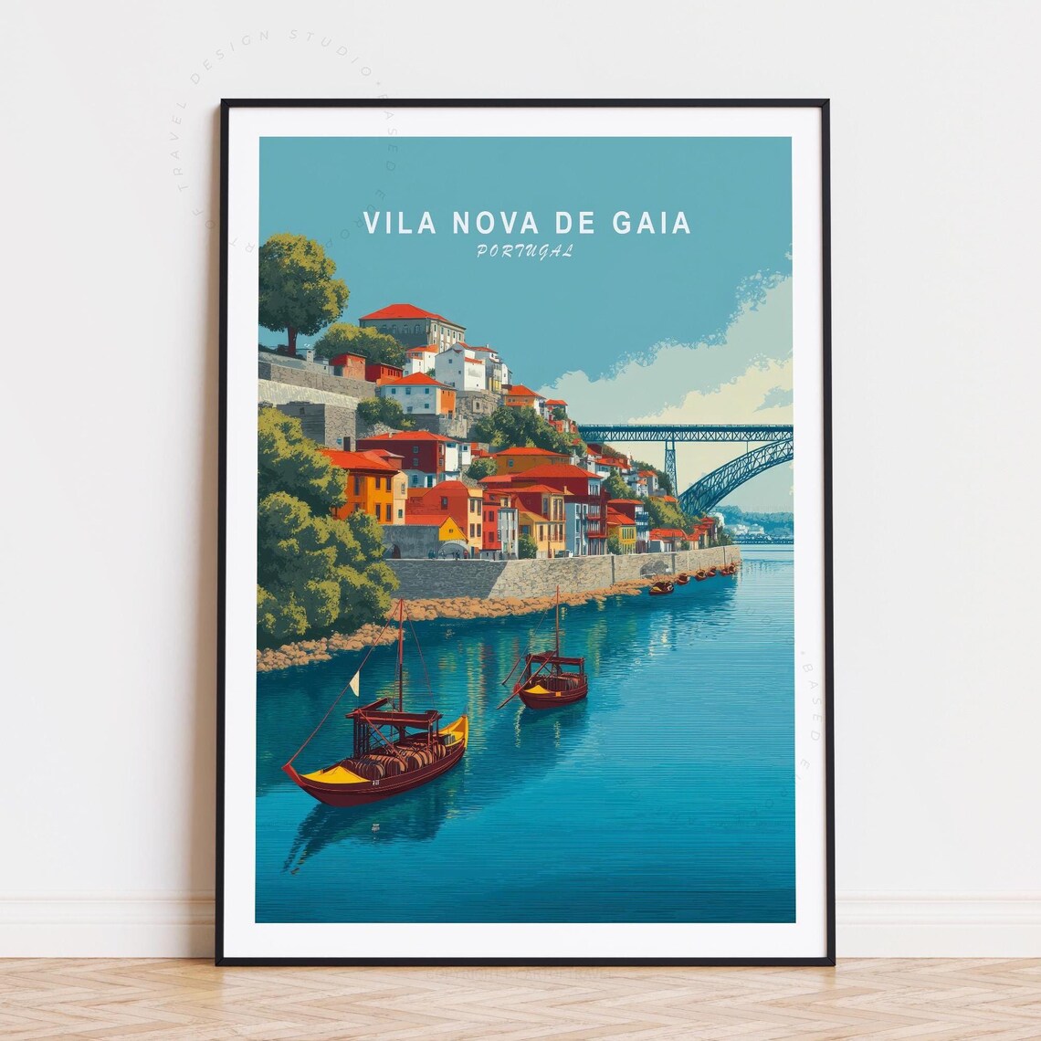 Vila Nova de Gaia Portugal Hillside Terraces River Boats Travel Poster