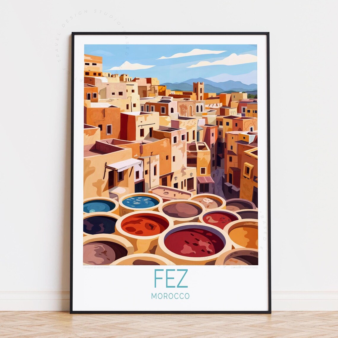 Fez Morocco Tanneries With Colorful Dye Vats Over Medina Poster
