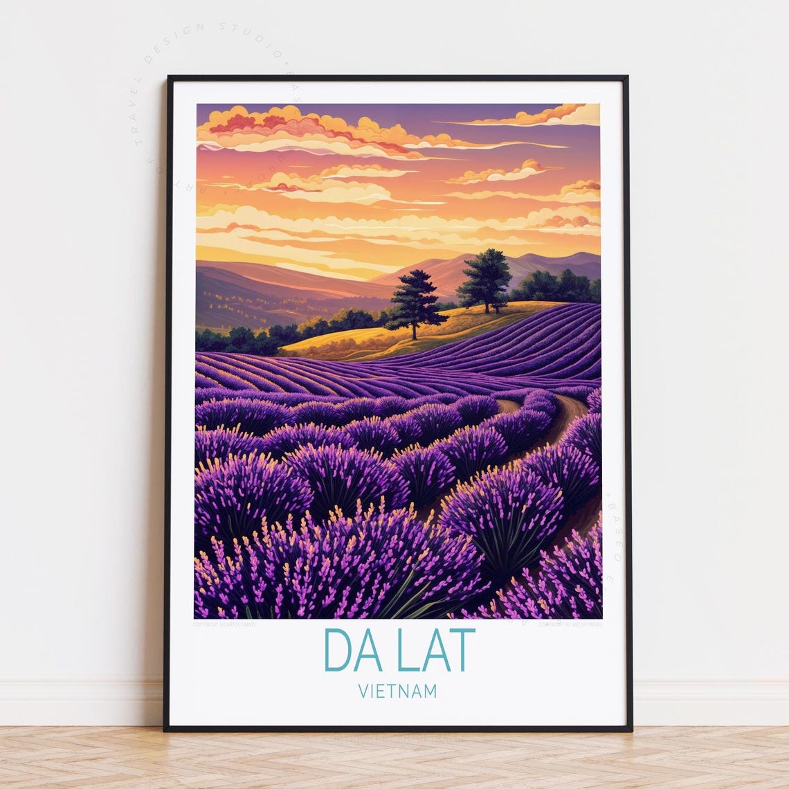 Da Lat Vietnam Purple Lavender Field at Sunset over Hills Poster