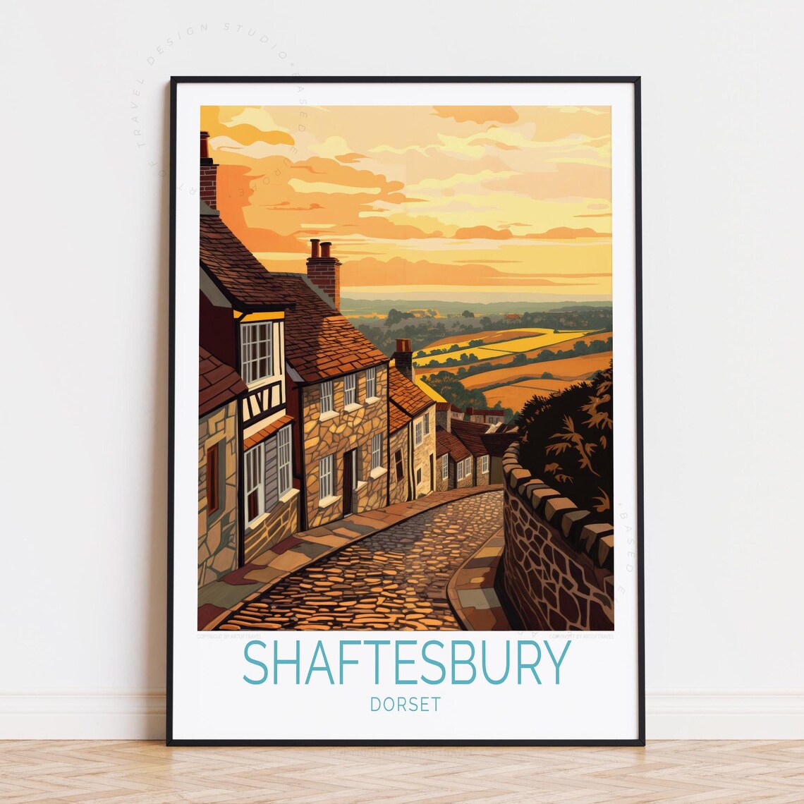 Shaftesbury Dorset Travel Poster Gold Hill Cobbled Street Sunset Art