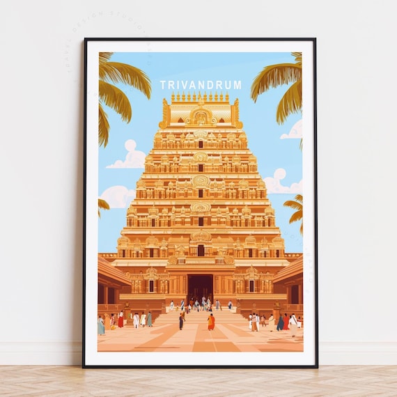 Trivandrum Kerala India Golden Temple Gopuram Vintage Travel Poster
