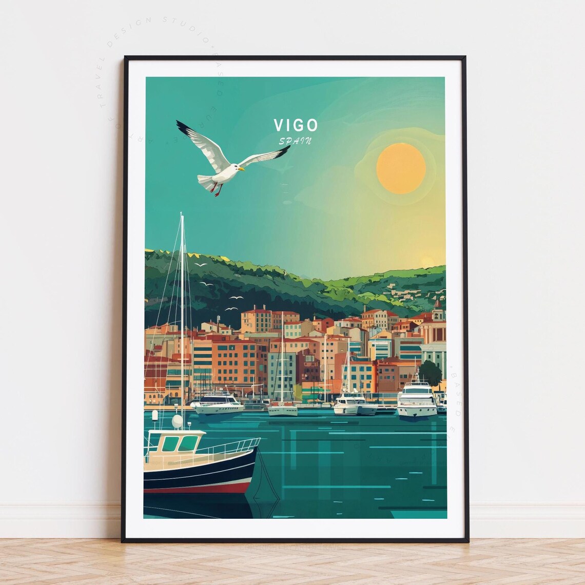 Vigo Spain Sunlit Harbor With Seagull Retro Travel Art Poster