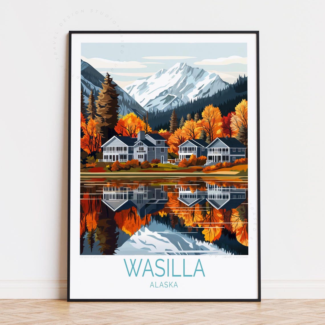 Wasilla Alaska Lakeside Homes with Autumn Trees and Mountain Poster