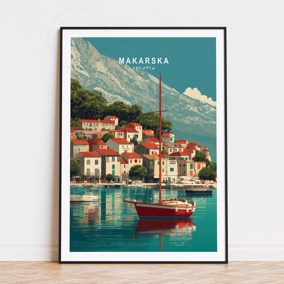 Makarska Croatia Red Sailboat Harbor Old Town Retro Travel Poster