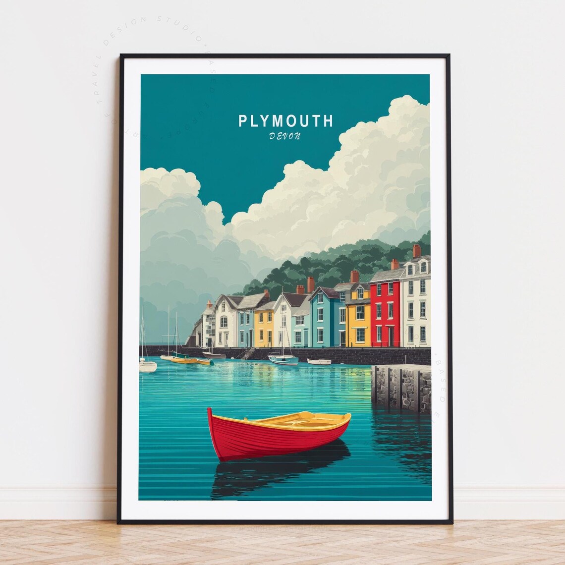 Plymouth Devon England Harbor Colorful Houses Red Boat Travel Poster