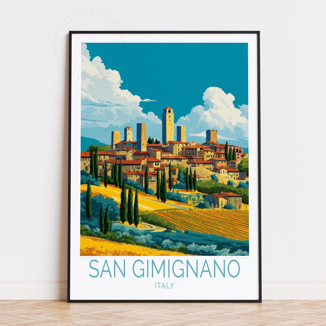 San Gimignano Italy Tuscan Towers Cypress Vintage Travel Poster