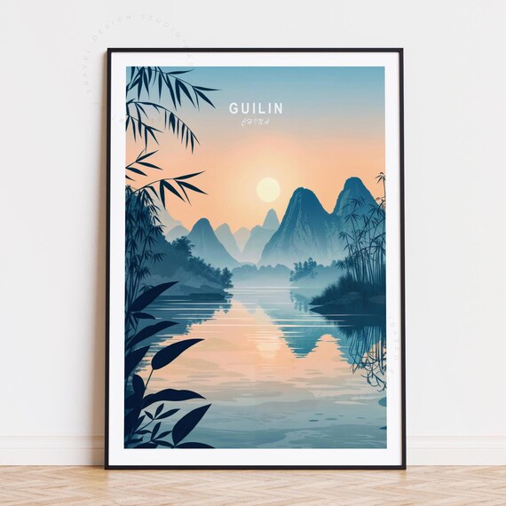 Guilin China Karst Mountains Sunset River Bamboo Vintage Travel Poster