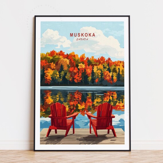 Muskoka Canada Autumn Lake Red Adirondack Chairs Dock Scene Poster