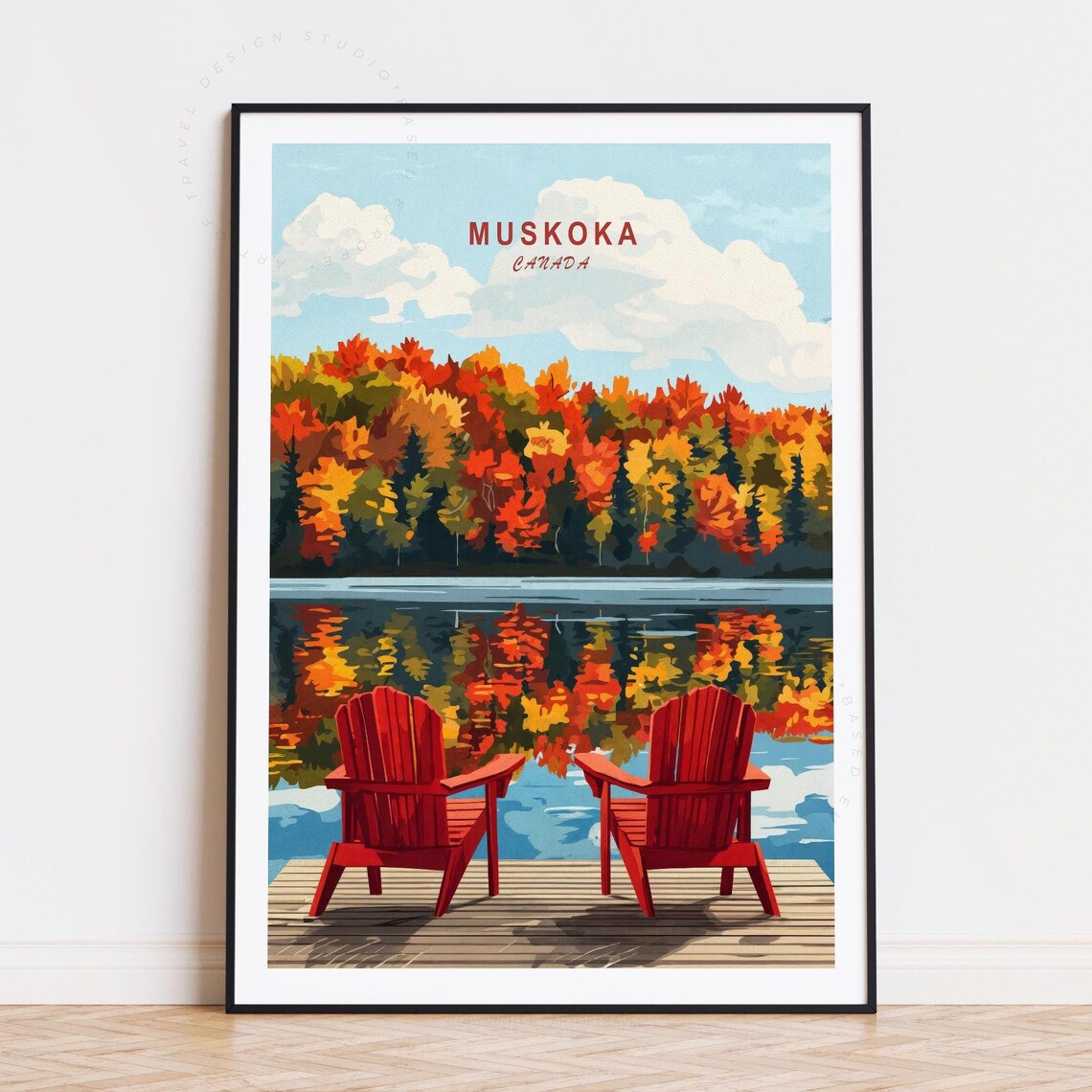 Muskoka Canada Autumn Lake Red Adirondack Chairs Dock Scene Poster