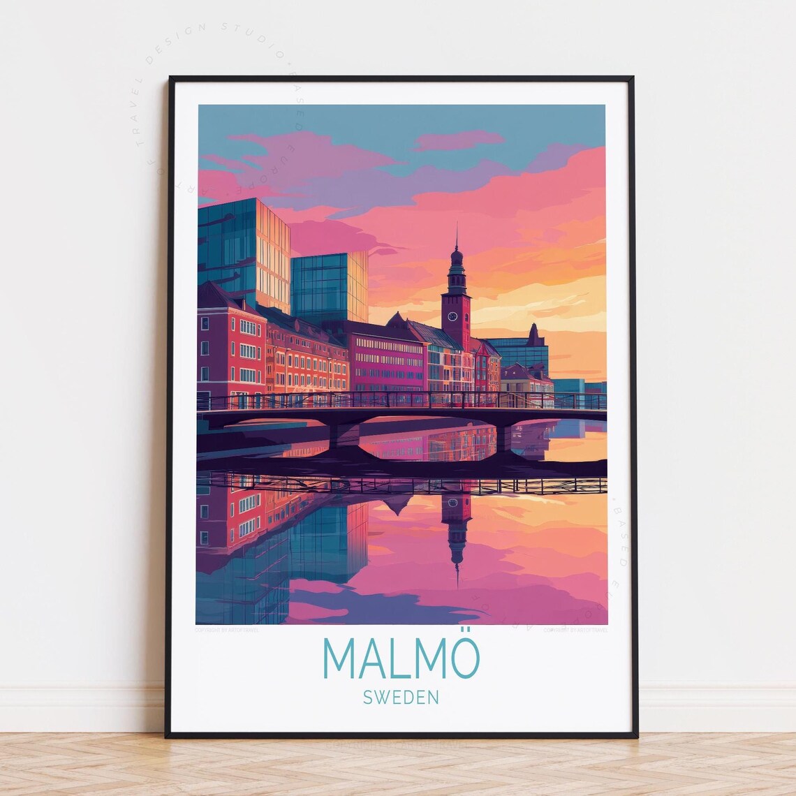 Malmo Sweden Sunset Skyline River Bridge Reflection Travel Poster
