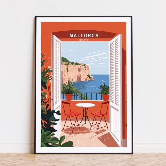 Mallorca Spain Seaside Terrace Table Chairs Sea View Travel Poster