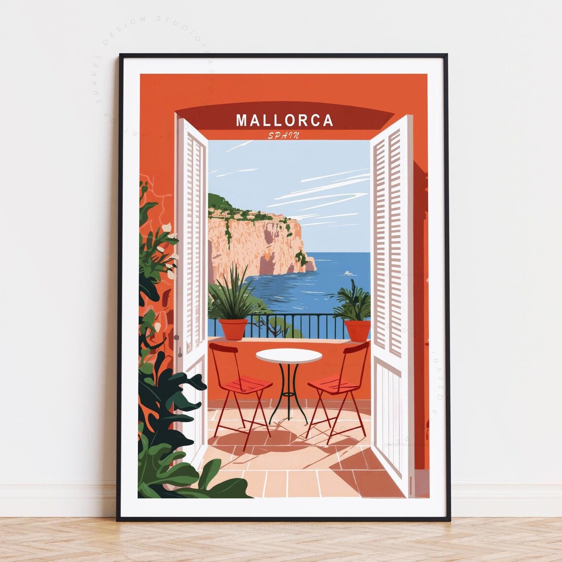 Mallorca Spain Seaside Terrace Table Chairs Sea View Travel Poster