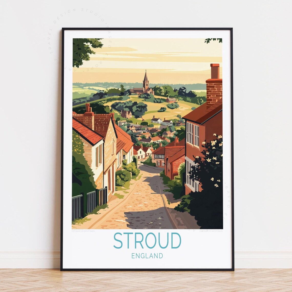 Stroud England Cotswold Town Cobblestone Street Church Spire Poster
