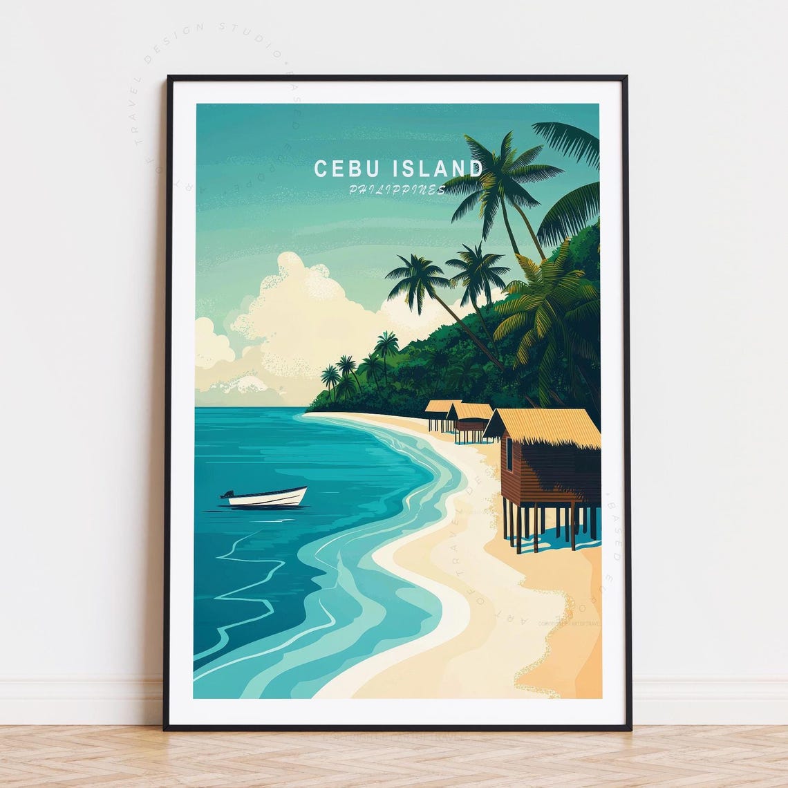 Cebu Island Philippines Beach Stilt Huts Boat Tropical Travel Poster