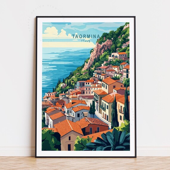 Taormina Italy Sicily Cliffside Village Red Roofs Sea View Travel Poster