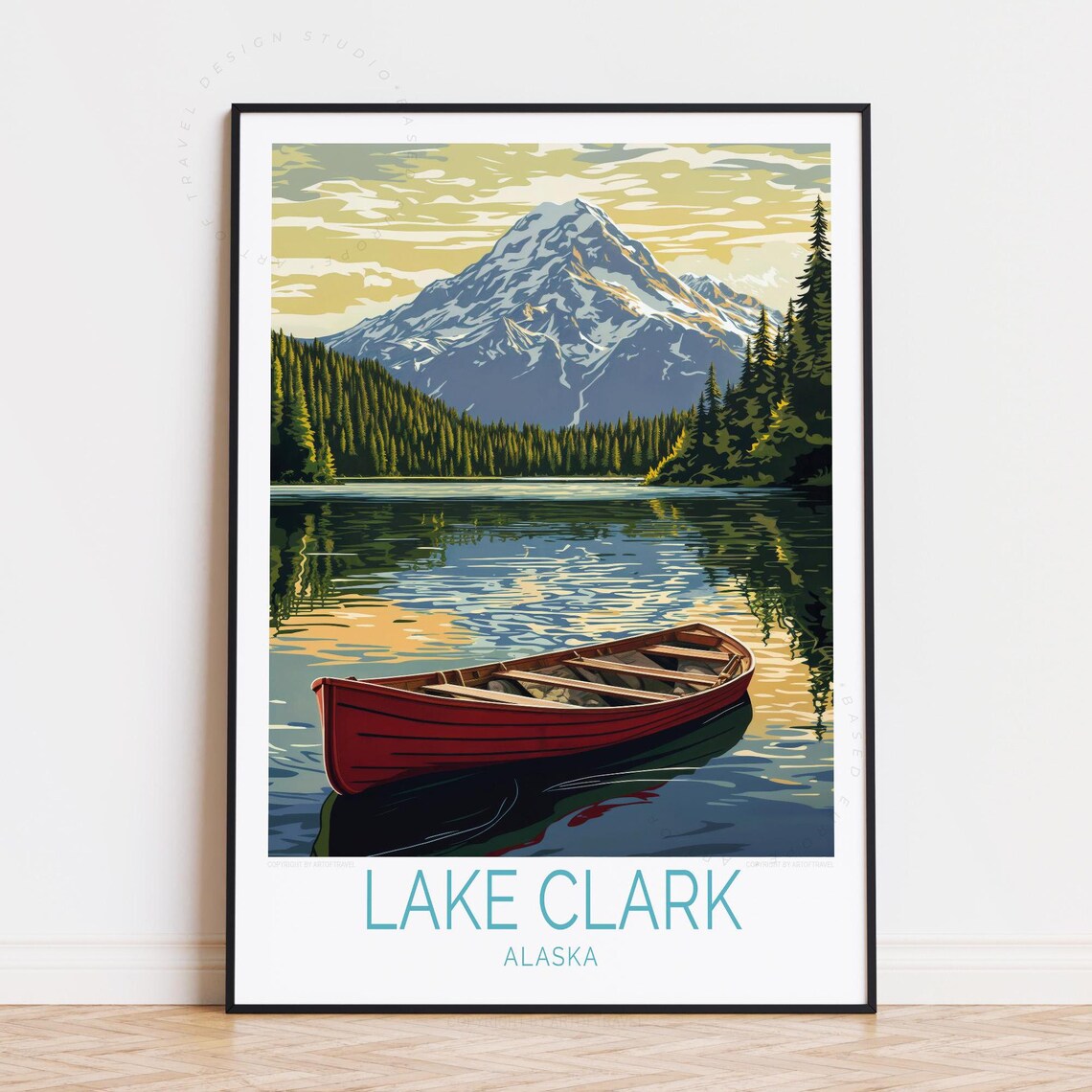 Lake Clark Alaska Snowy Mountain Lake Red Canoe Vintage Travel Poster