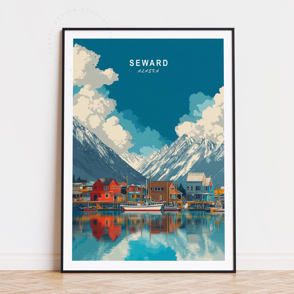Seward Alaska Fishing Boats Harbor Snowy Mountain Range Poster