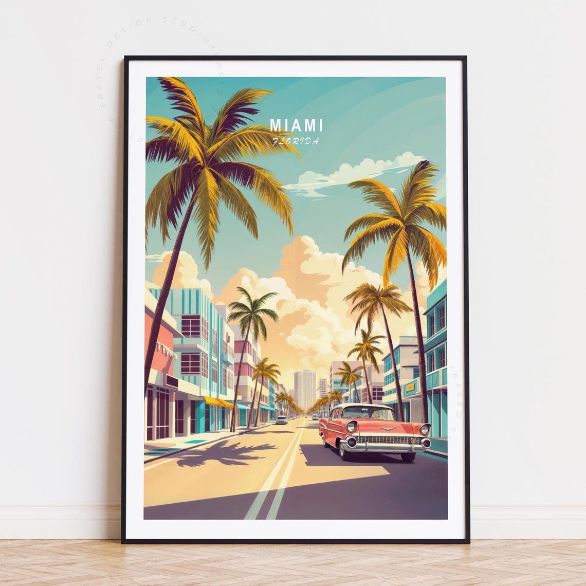 Miami Florida Sunset Palm Avenue Retro Vintage Car Travel Poster