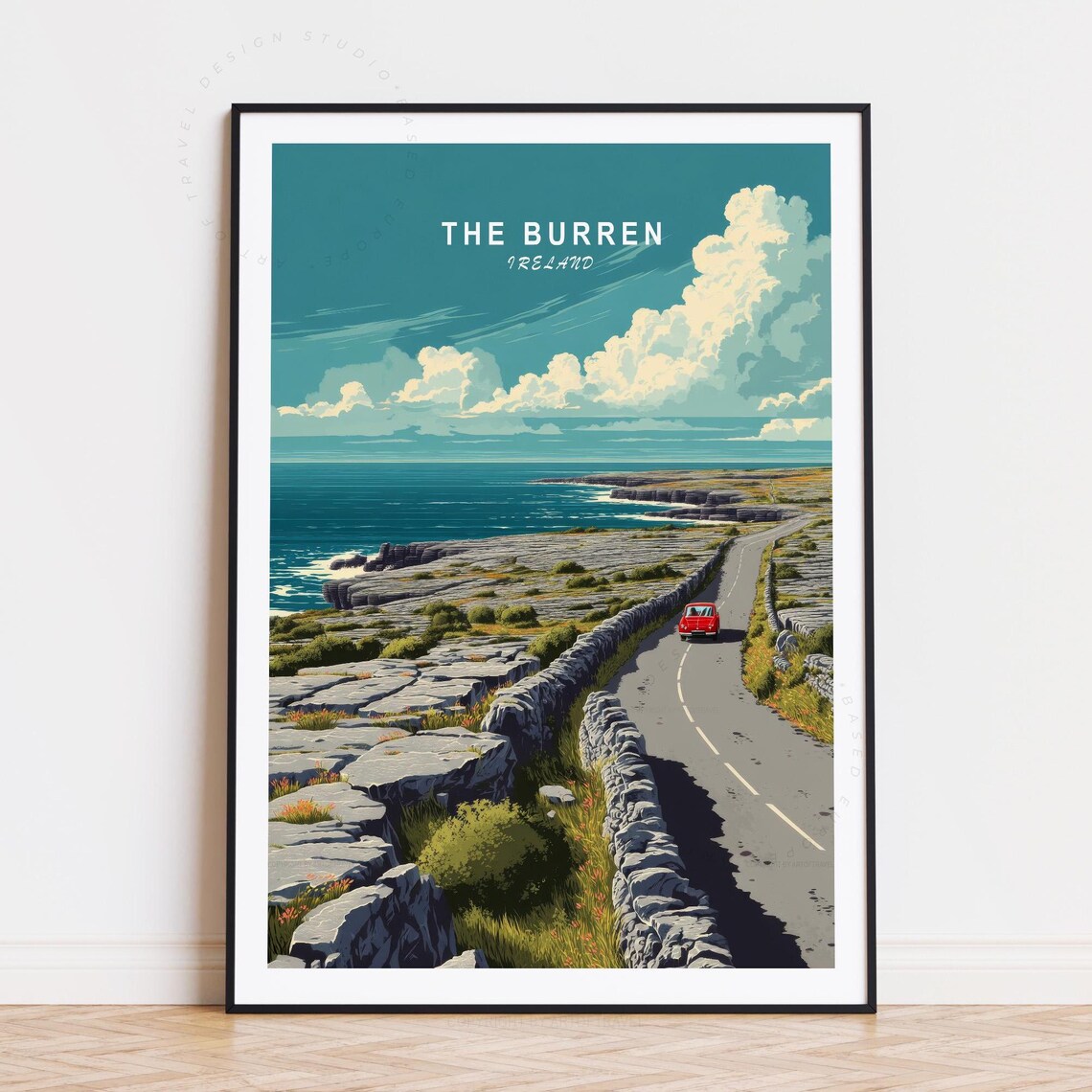The Burren Ireland Limestone Coast Road Red Car Scenic Travel Poster