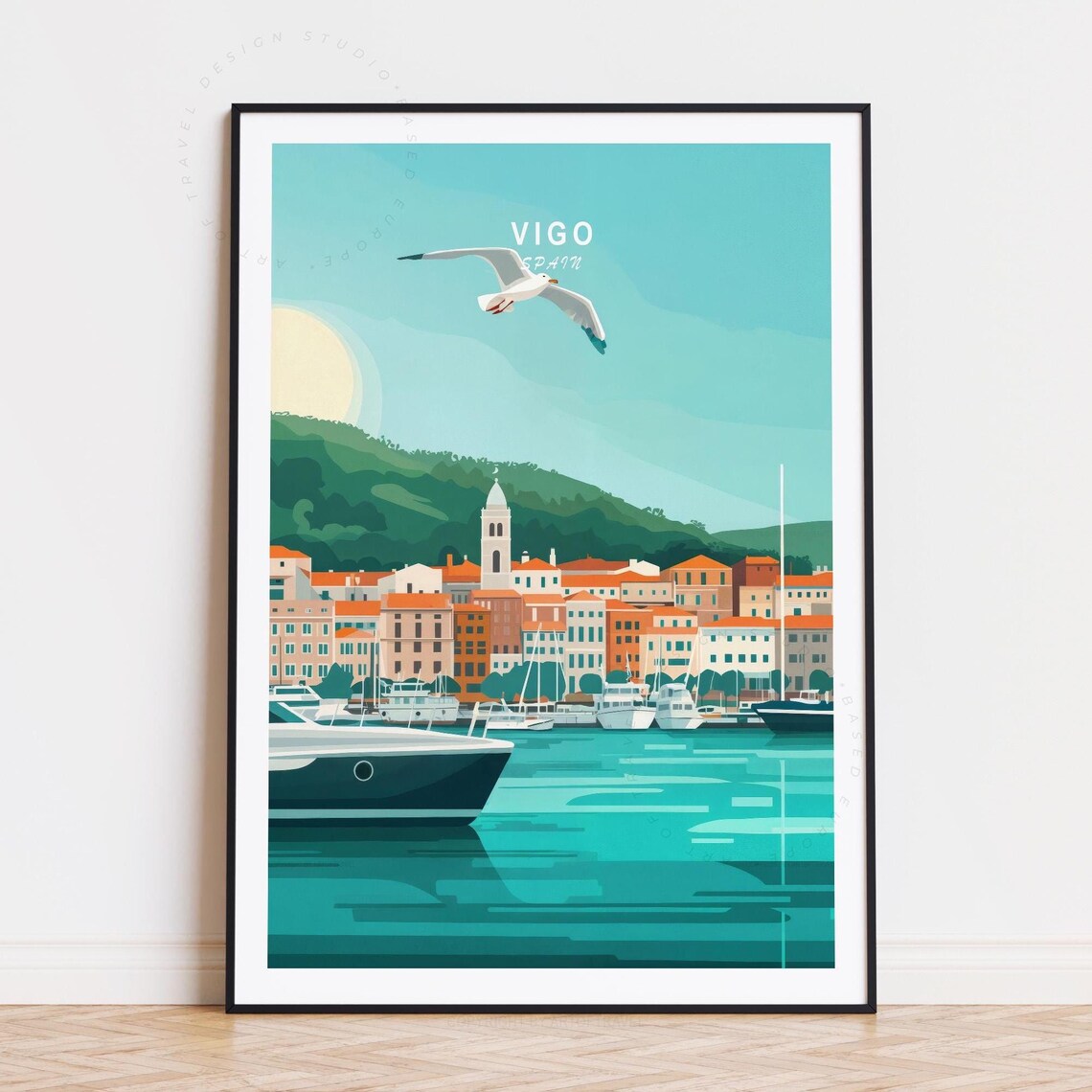 Vigo Spain Teal Harbor Yacht Seagull Coastal Retro Travel Poster